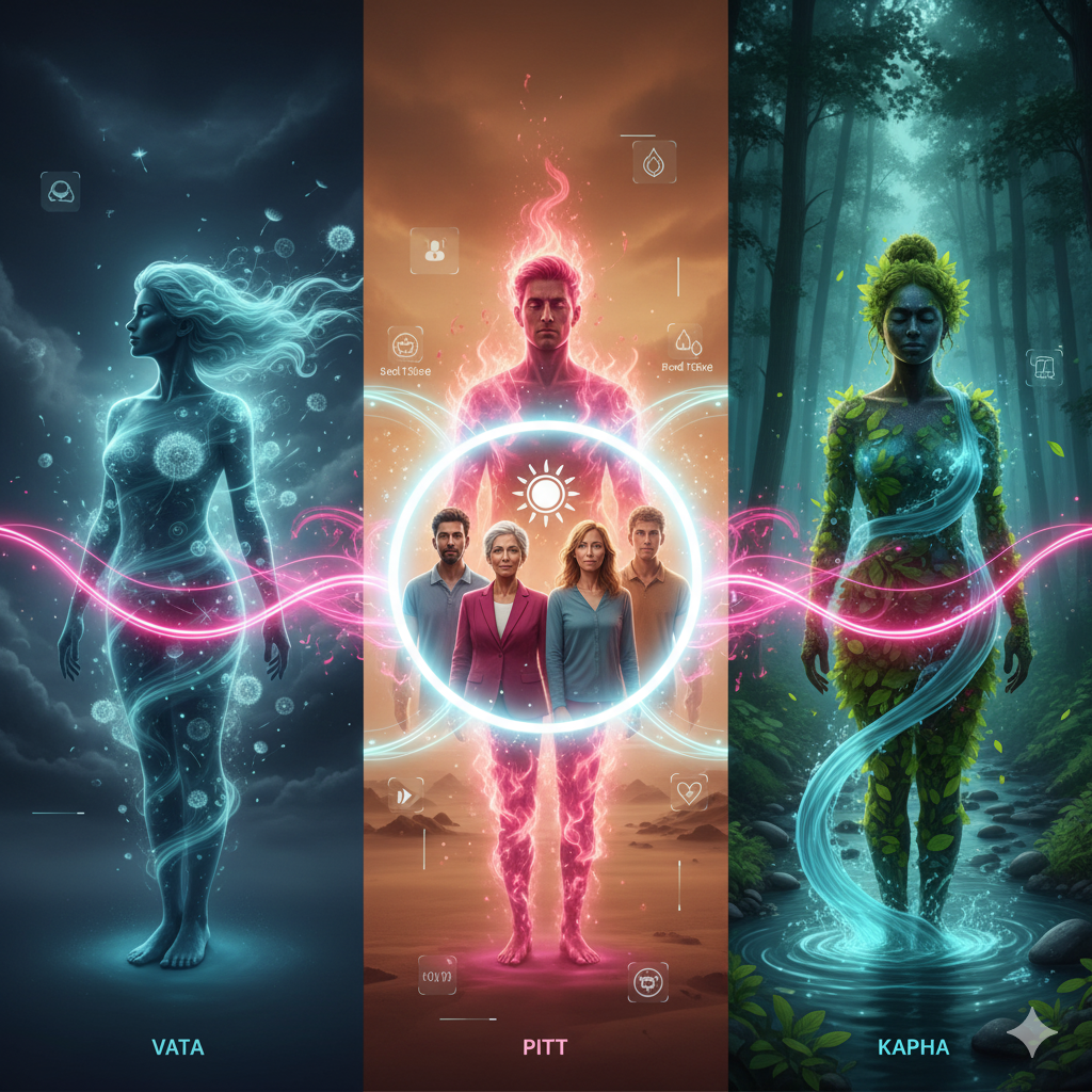 Vata, Pitta ve Kapha dengesini anlatan illüstrasyon
